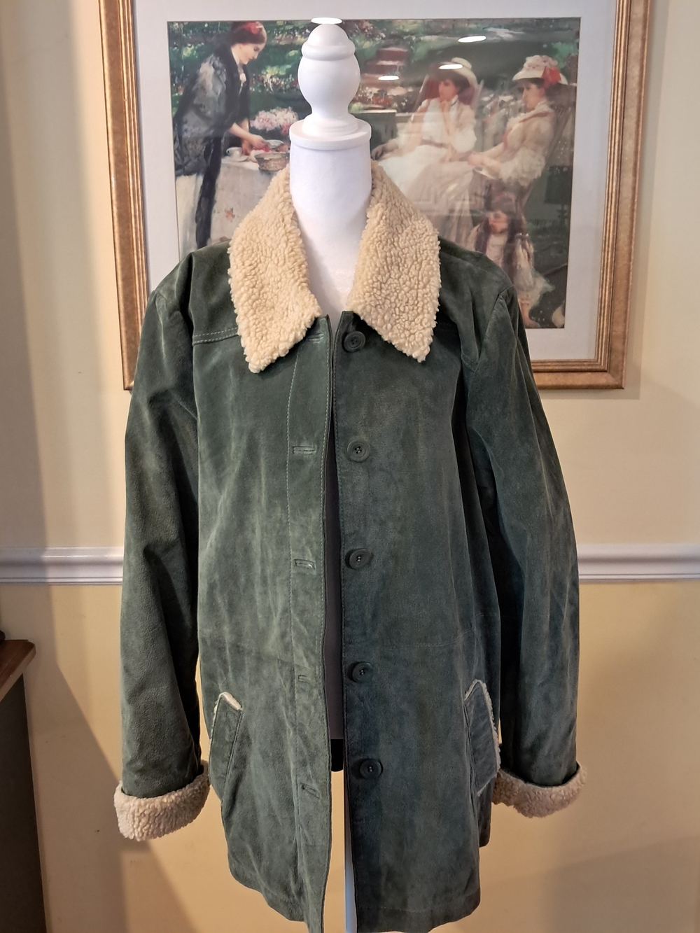 Denim & Co. Women's Green Suede Shearling Collar Coat Size 1X